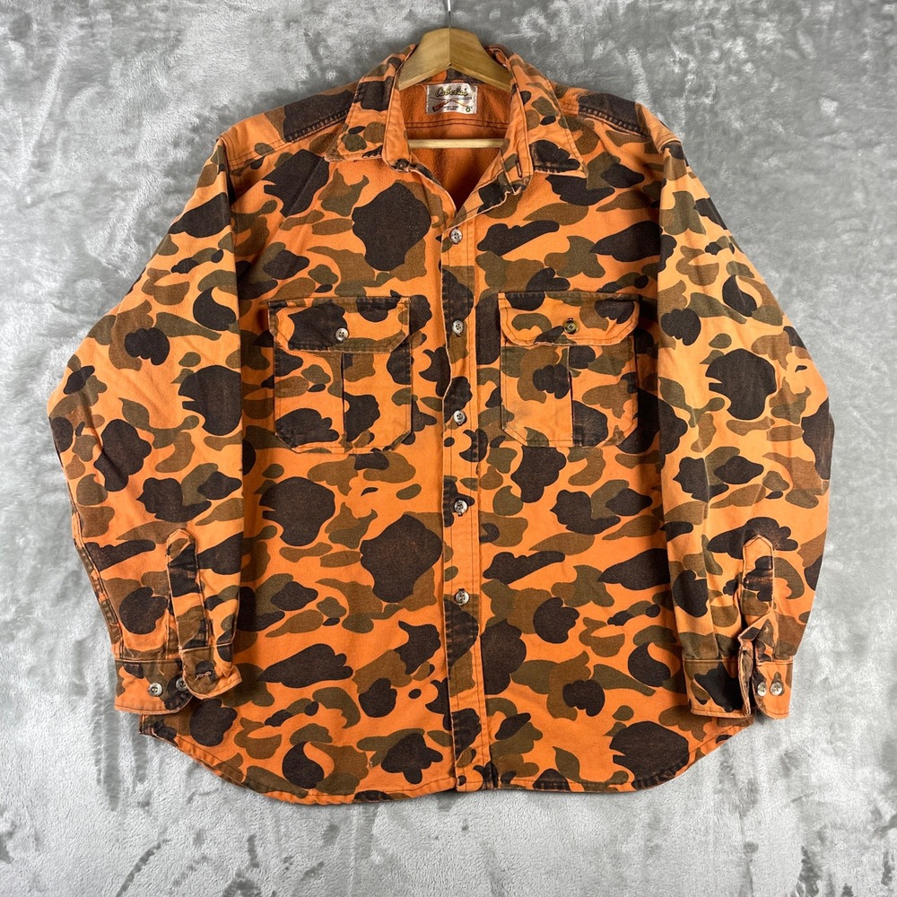 Vintage Cabelas Button Up Shirt Mens XL Orange Duck Camo Hunting Flannel